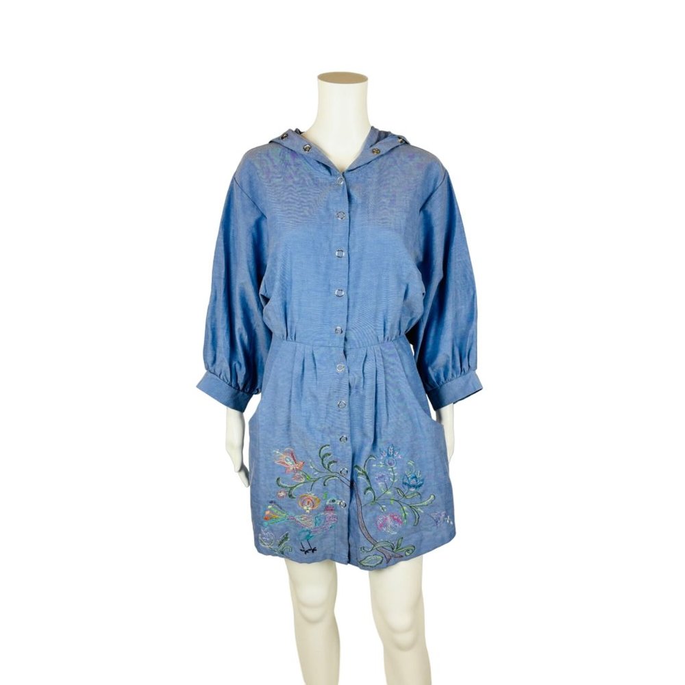 Eloise Chambray Hooded Tunic Top Mini Dress Embroidered Peacock M